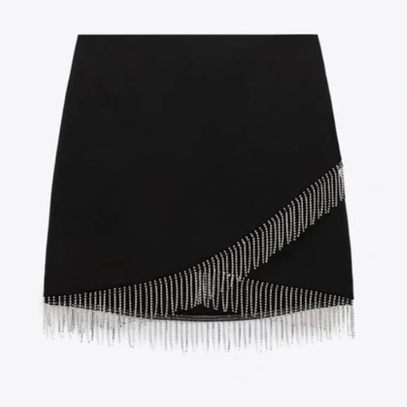 NWT Zara black mini skirt with silver rhinestone fringe detail - Picture 6 of 9